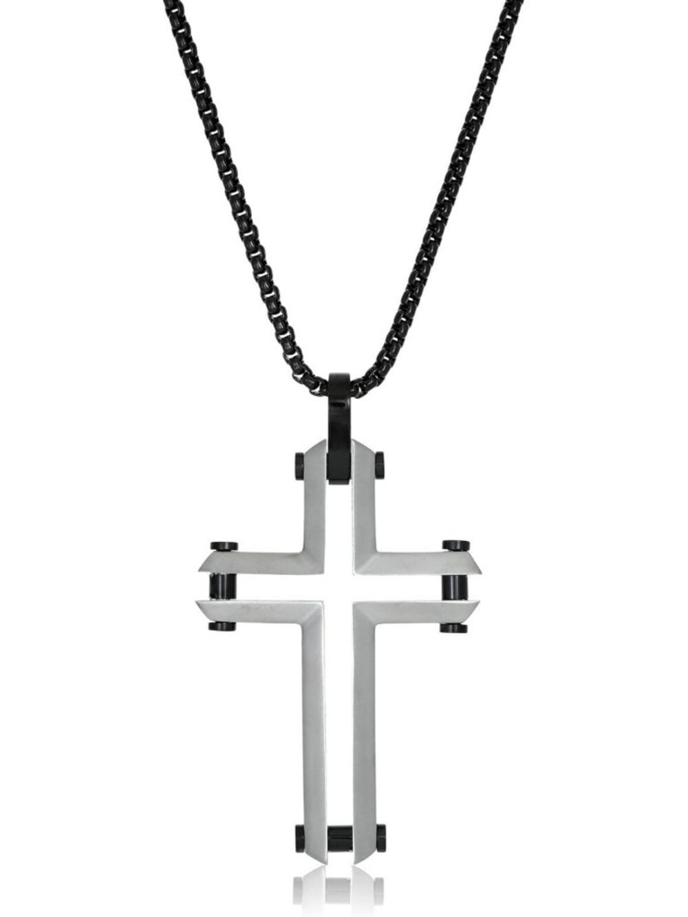 Men's Stainless Steel Carved Cross Pendant Necklace - 24" Box Chain, Stylish
